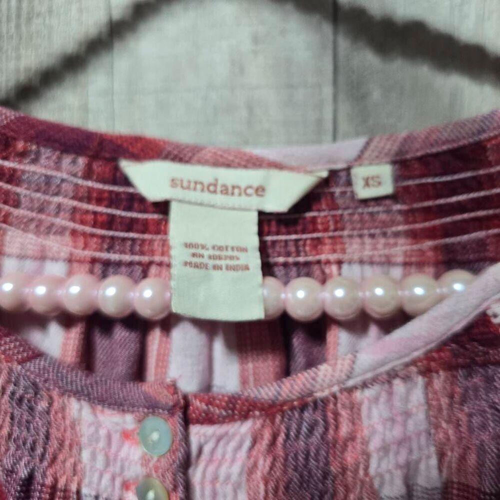 Sundance Red Pink Plaid Button Down Shirt XS Boho Preppy Femme Elle Woods Basic - Picture 3 of 4